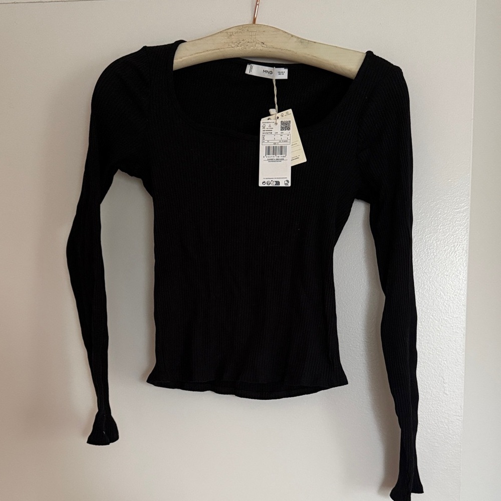 NWT Mango Black Ribbed Long Sleeve Top Size S